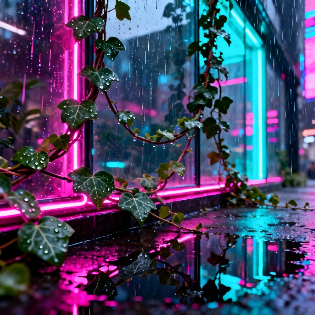AI neon cyberpunk vines climbing a glass facade