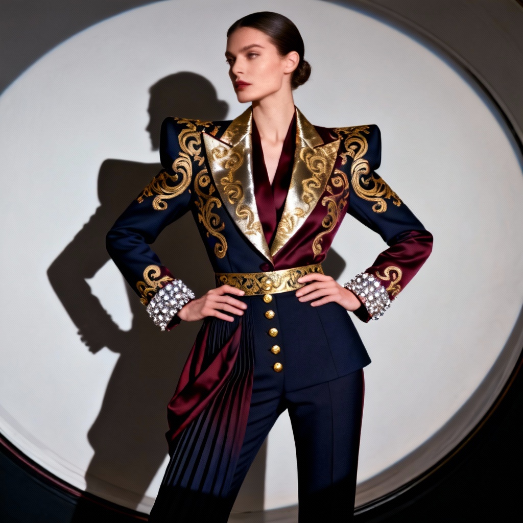 AI couture suit with gold baroque embroidery