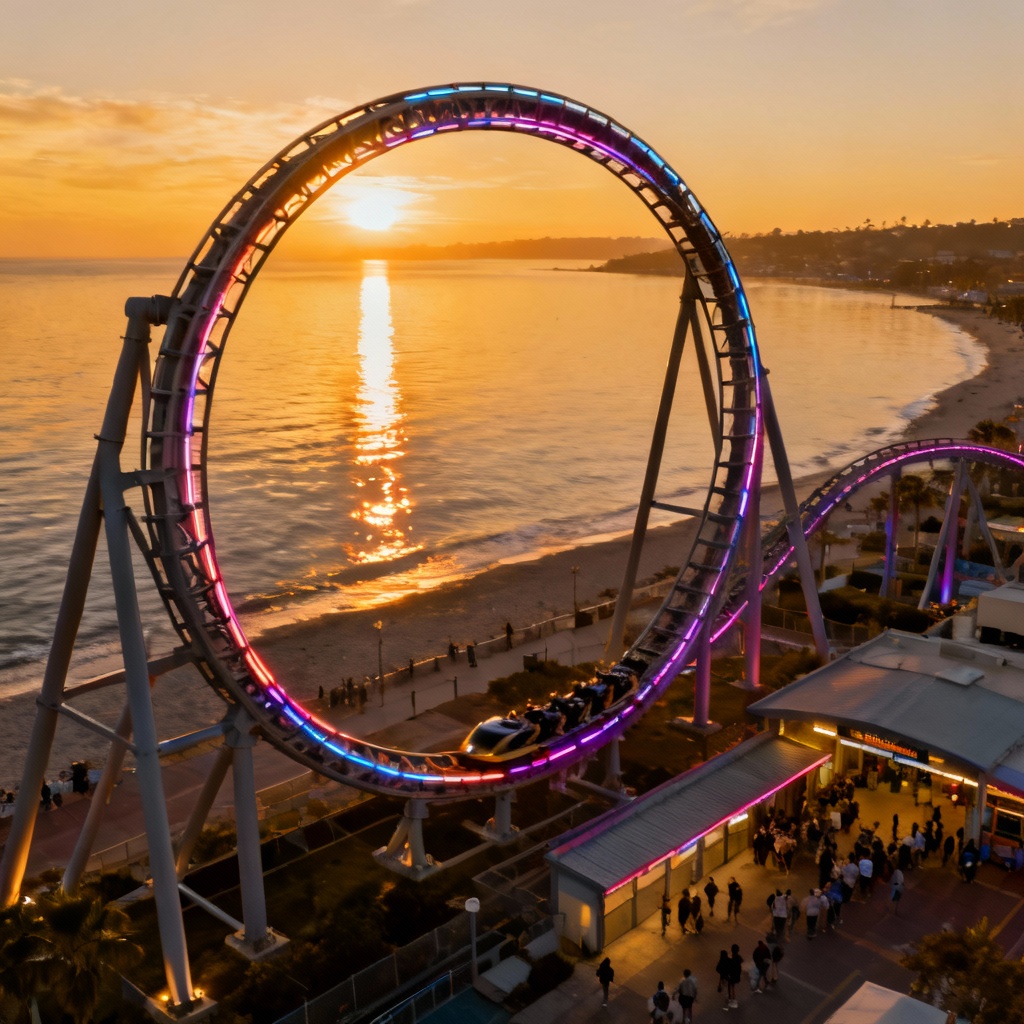 AI-generated steel launch roller coaster over water at sunset