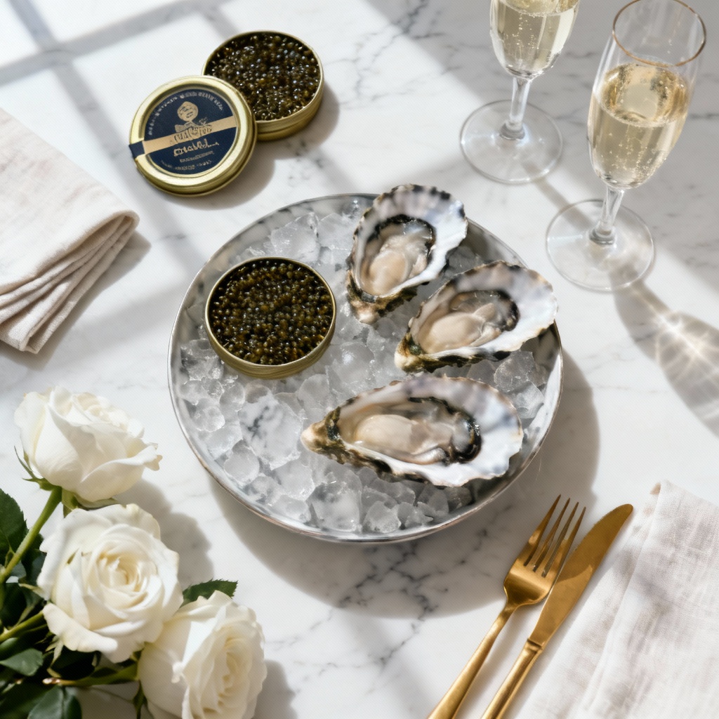 AI opulent dining flatlay with caviar and gold cutlery