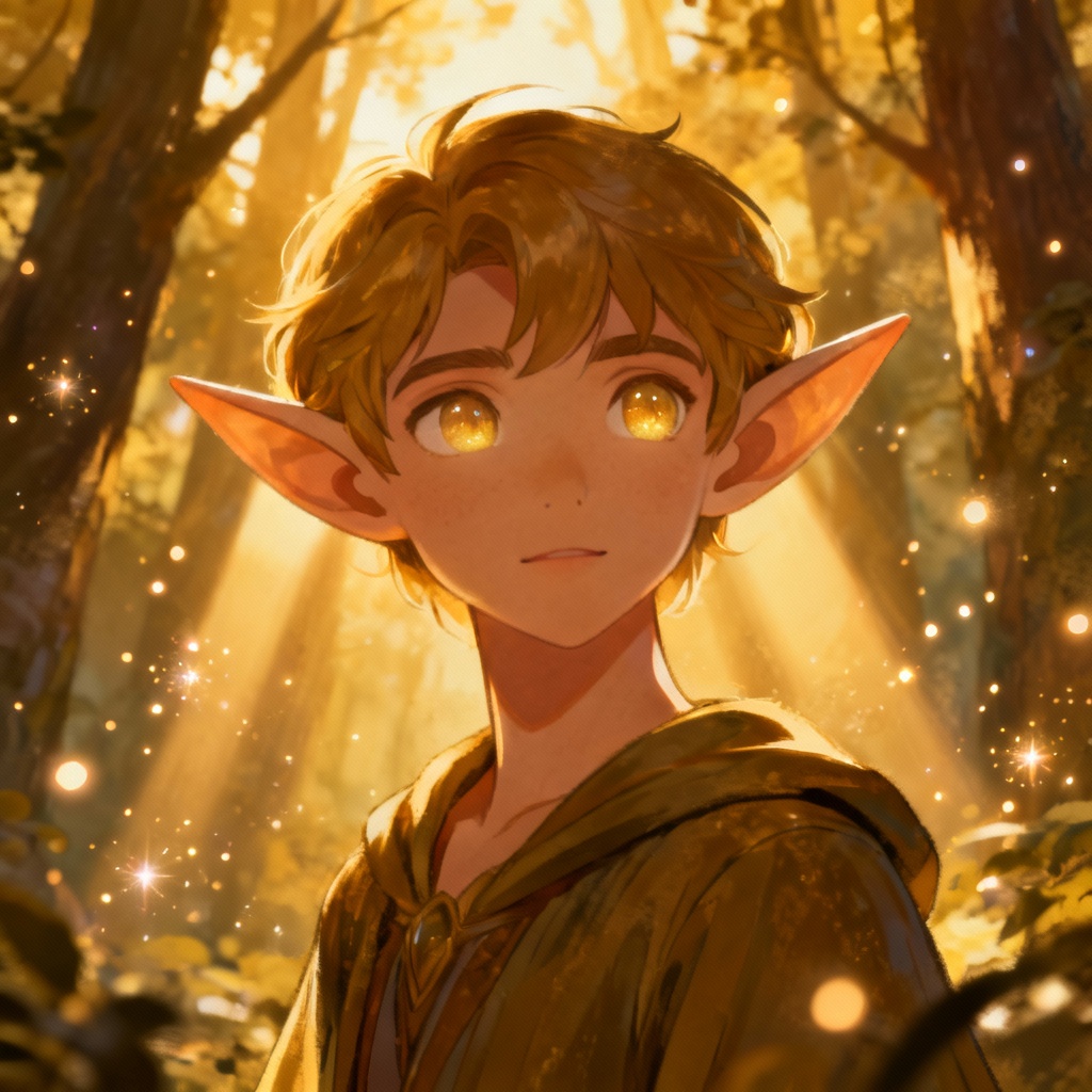 AI fantasy elf cartoon avatar with magical particles