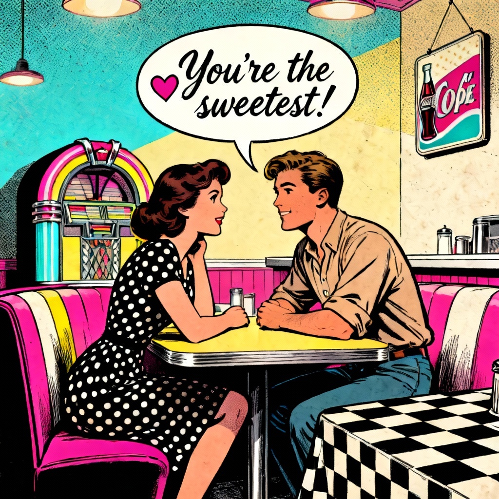Vintage comic style love cartoon in a diner