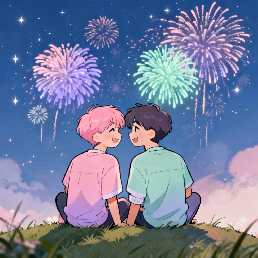AI anime gay couple under fireworks