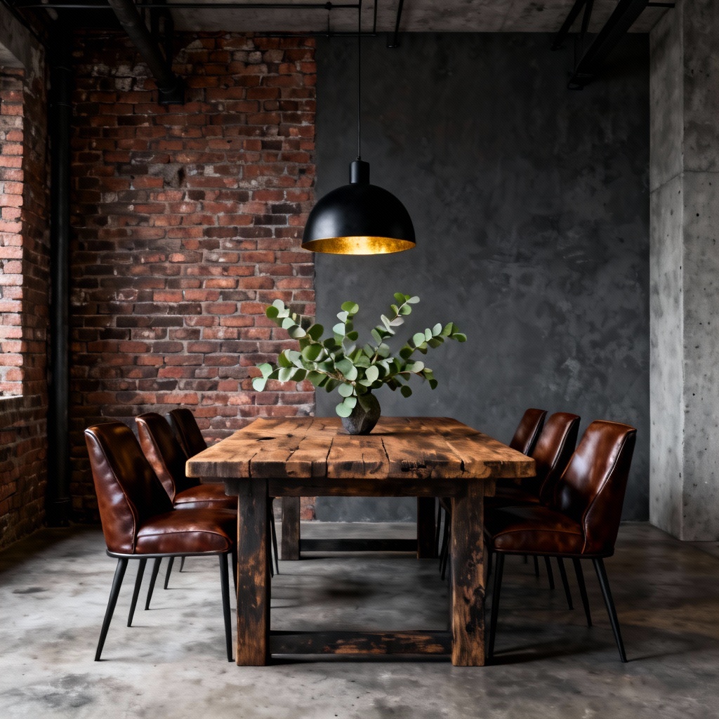AI industrial loft dining area with exposed brick and pendant lights