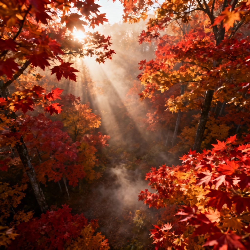 AI autumn maple forest landscape at golden hour