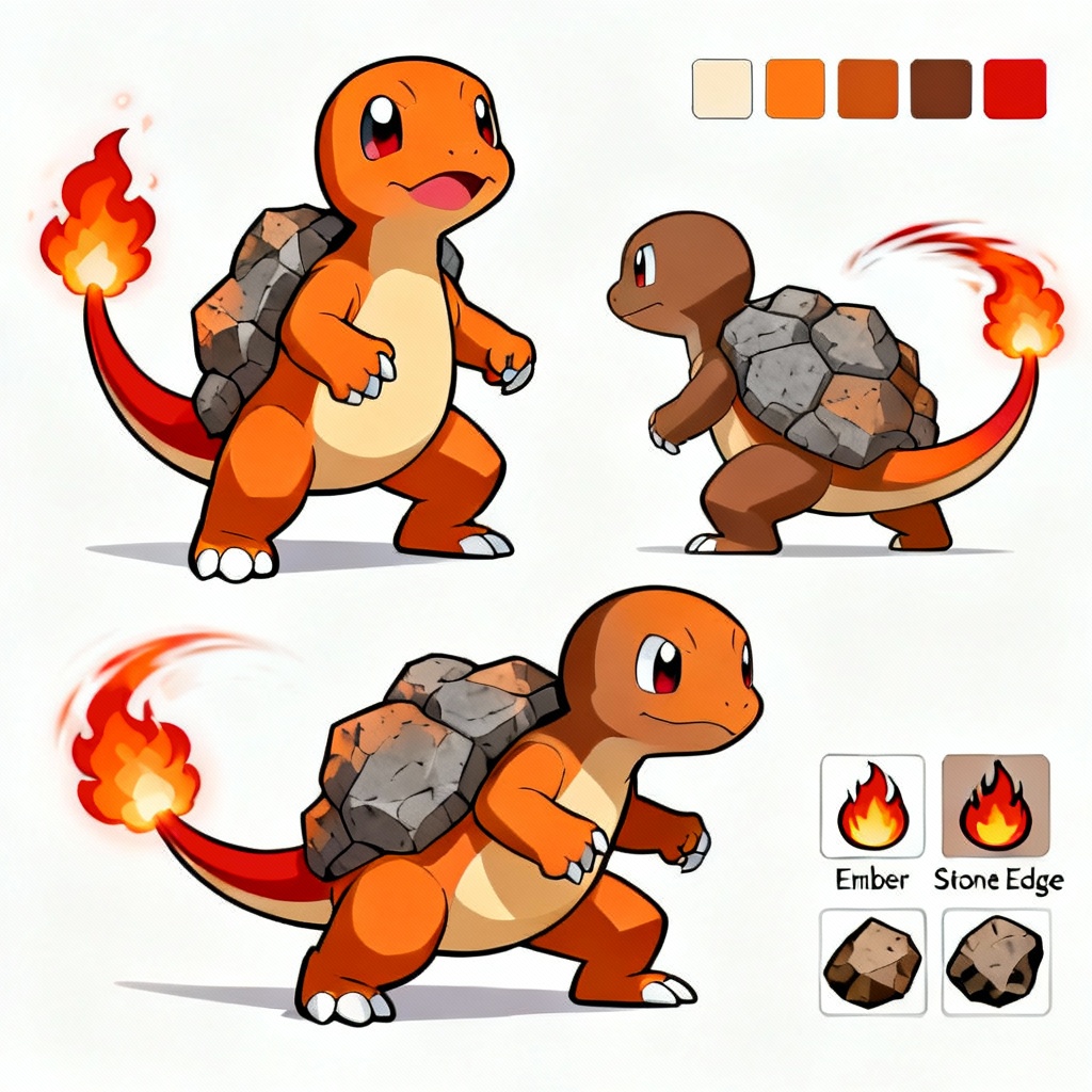 AI Fire-type Fakemon concept sheet with front and side views