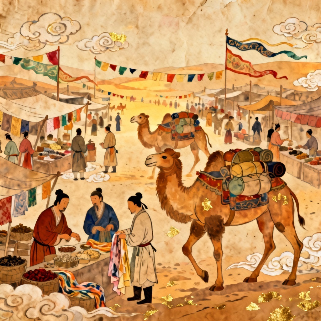 AI Tang Dynasty Silk Road market with merchants and camels