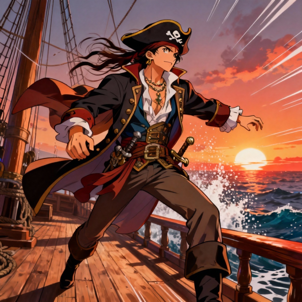 Original anime pirate character on ship deck at sunset