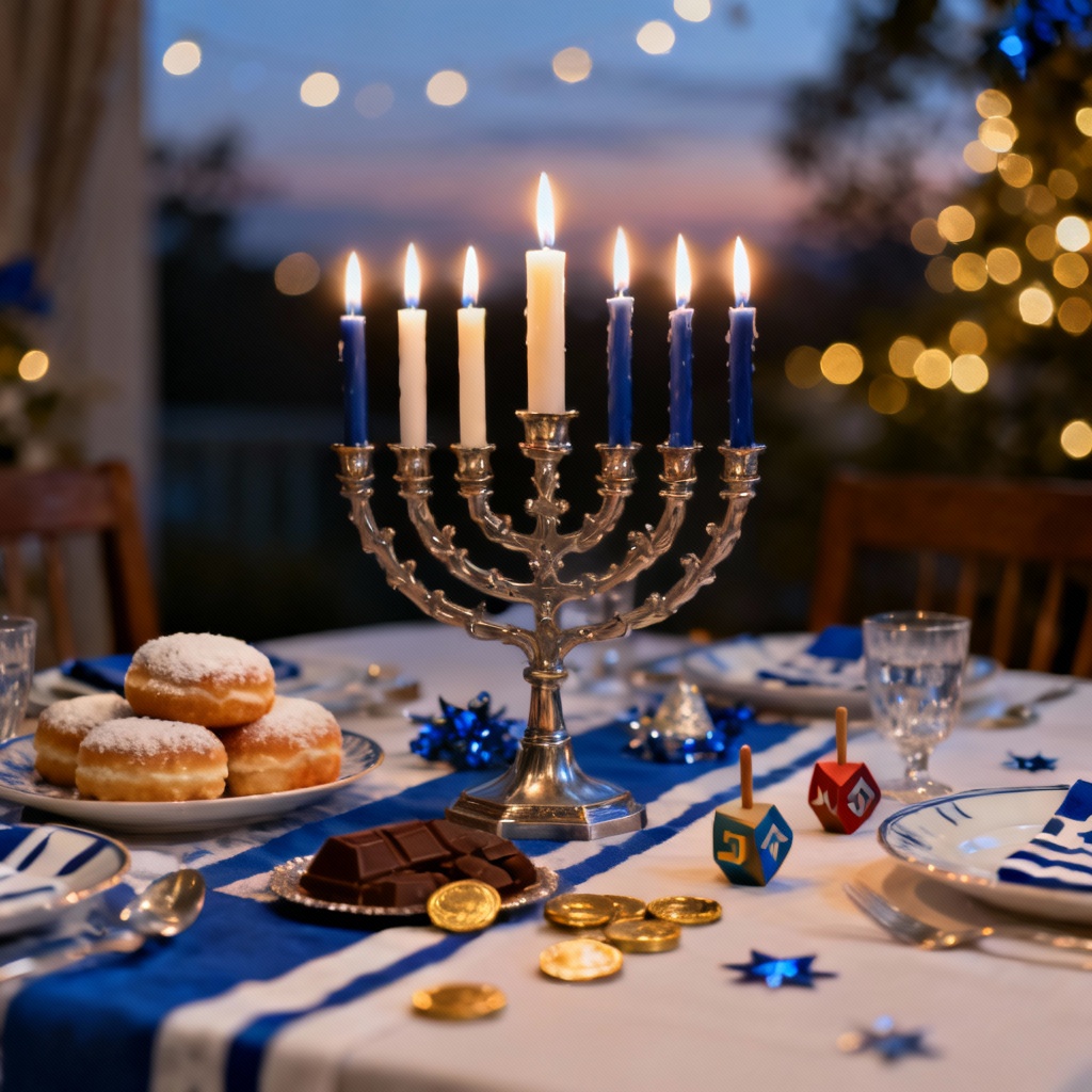 AI-generated Hanukkah menorah lighting scene with warm candles and festive table