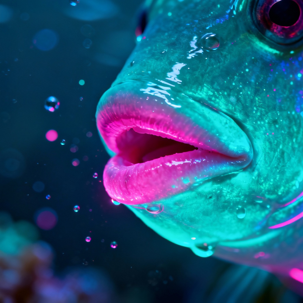 AI neon reef fish lips close-up with vibrant glow