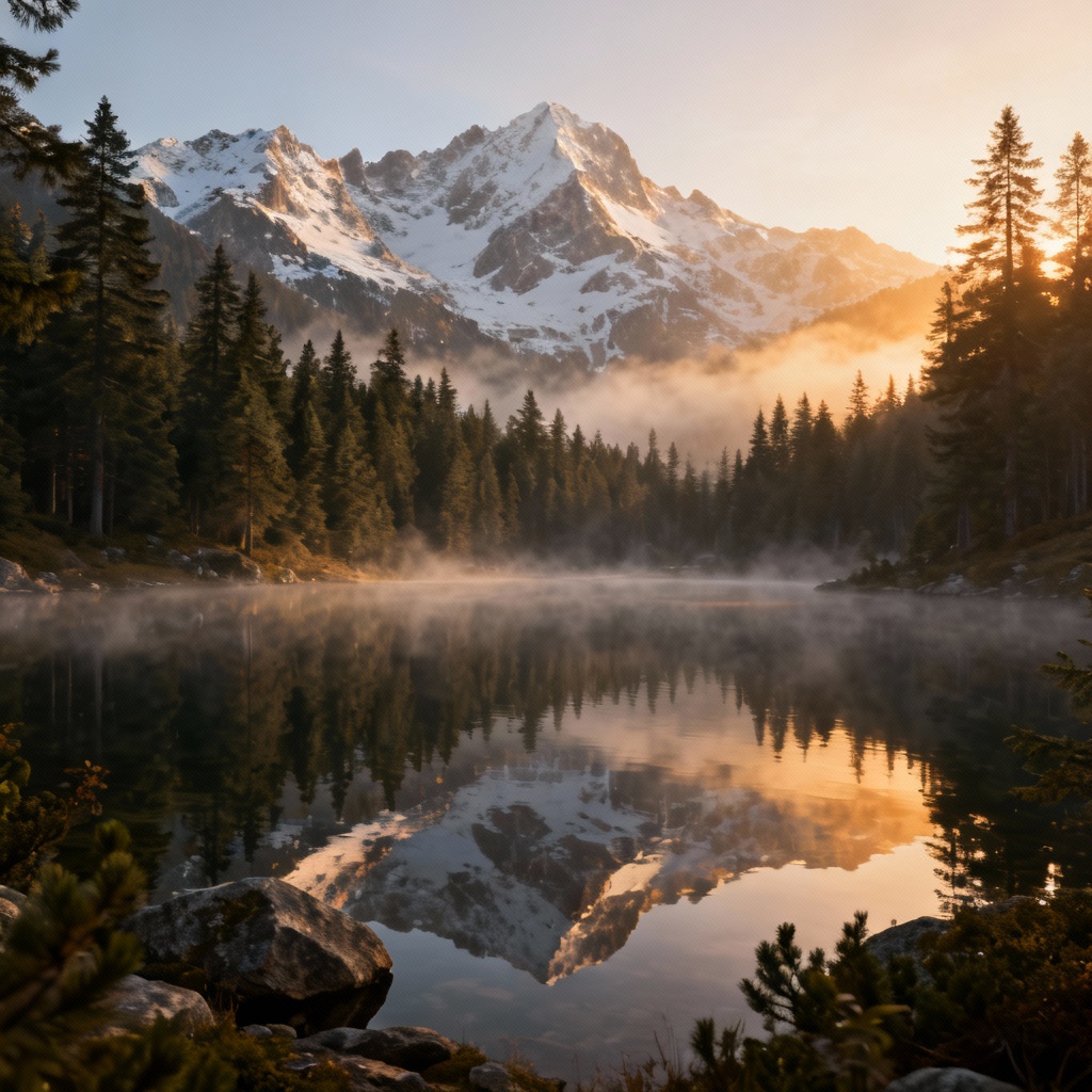 AI-generated sunrise alpine lake with pines, mountains, and soft fog