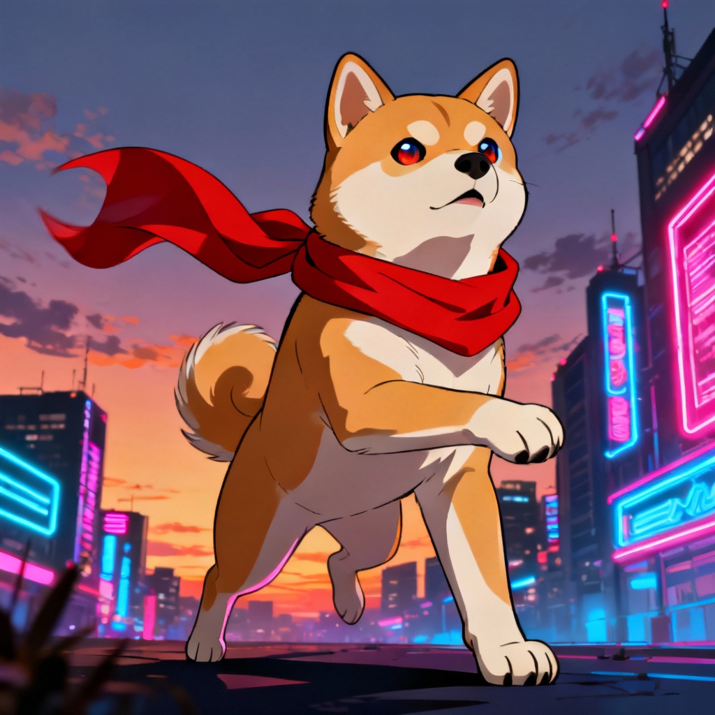 Anime Shiba Inu hero with scarf and neon city lights