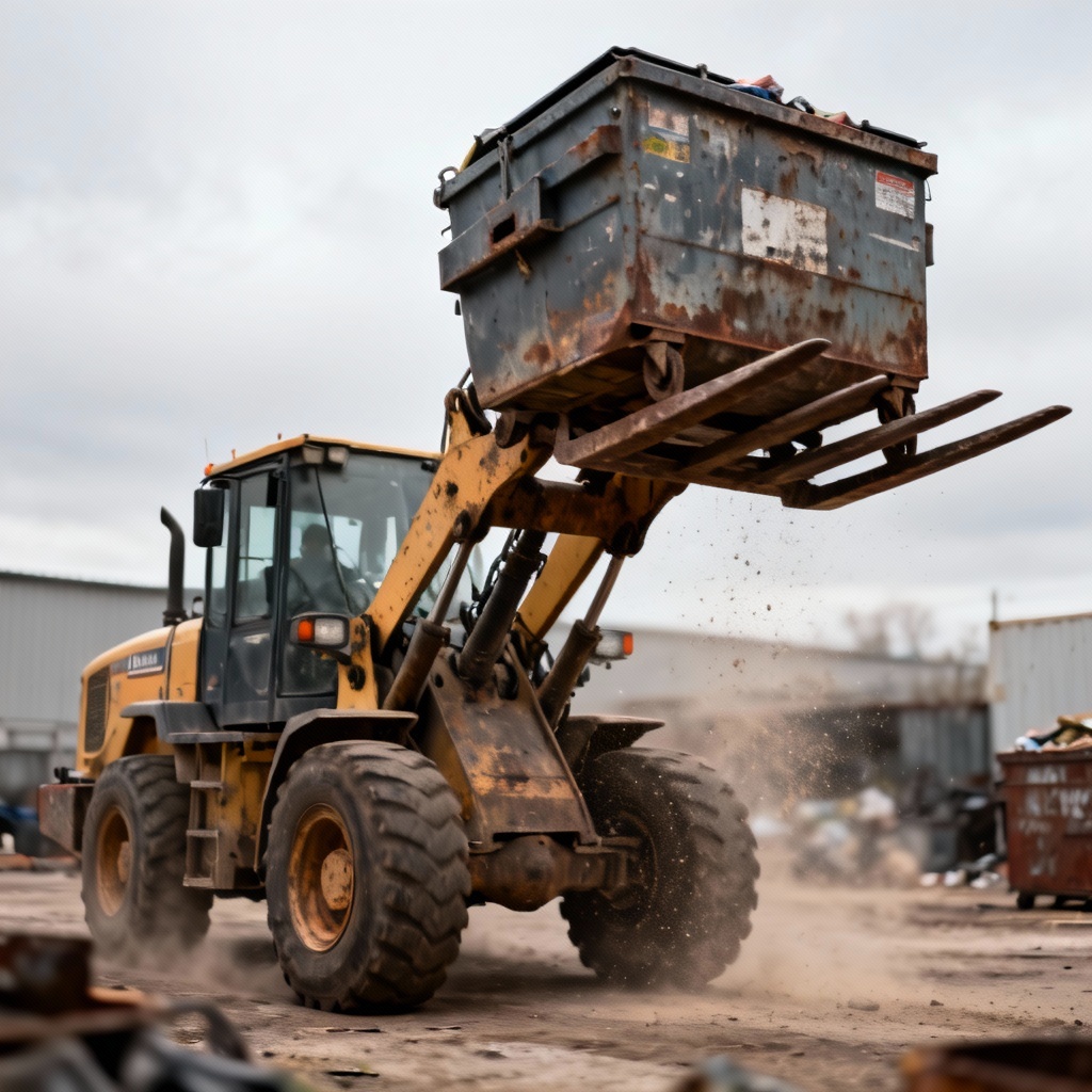 AI front loader garbage truck lifting dumpster in yard