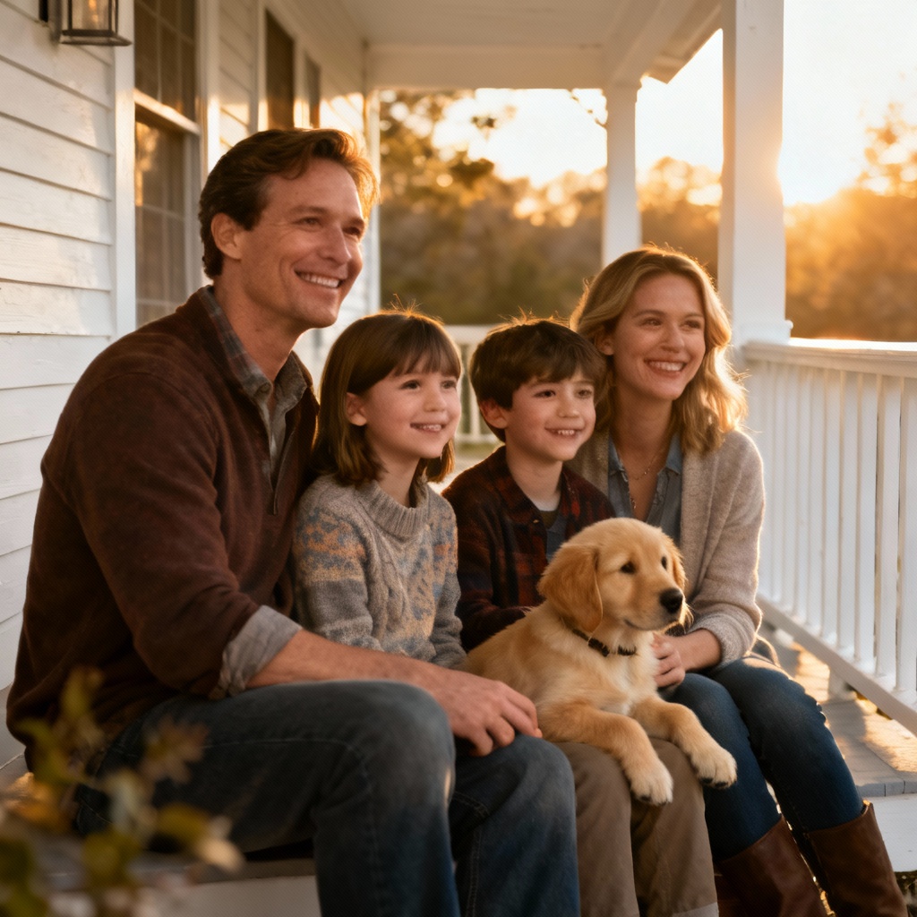 AI family portrait with puppy on porch