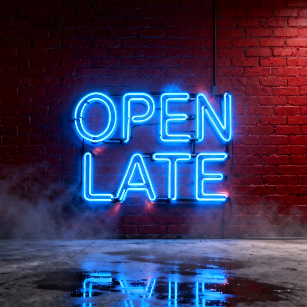 Neon sign font maker hero image with glowing open late text on brick wall