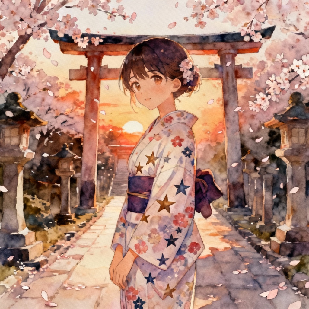 AI Hoshino in floral kimono under cherry blossoms