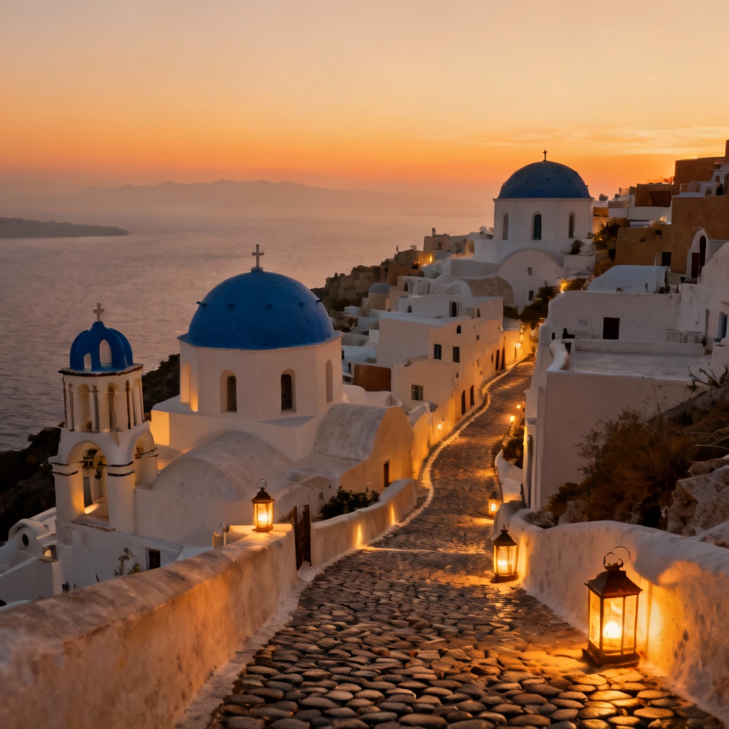 AI image of Oia clifftop at golden hour with blue domes and caldera