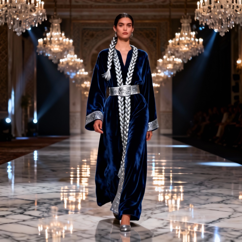 Luxury velvet evening djellaba with silver trim