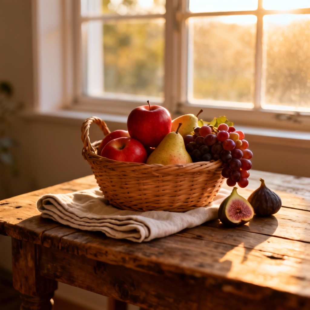 Photorealistic wicker fruit basket on rustic table in morning light