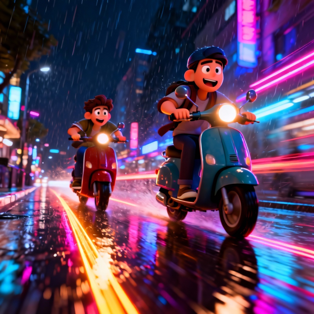 AI Pixar-style city night scooter chase