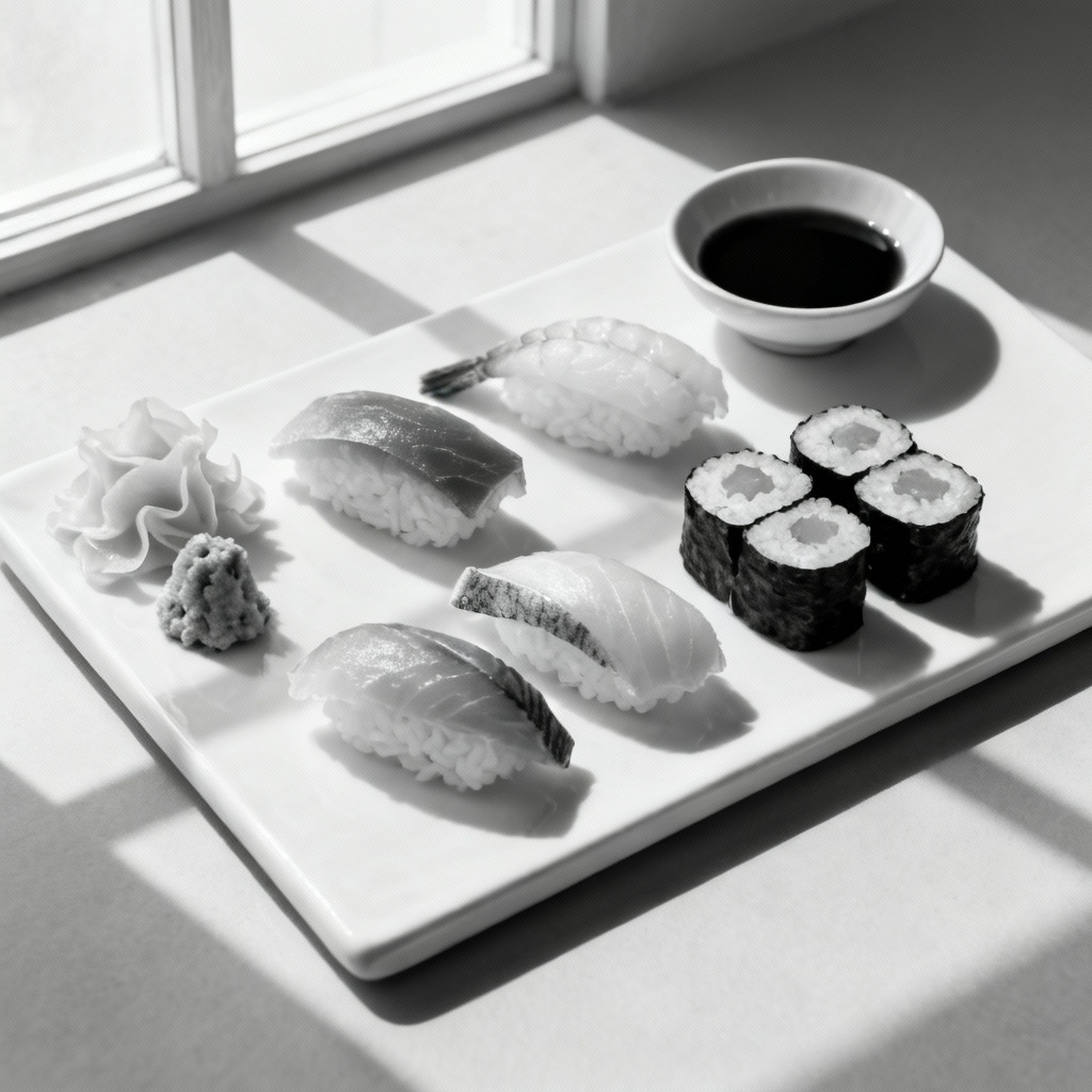 AI sushi image with minimalist Japanese plating on ceramic board