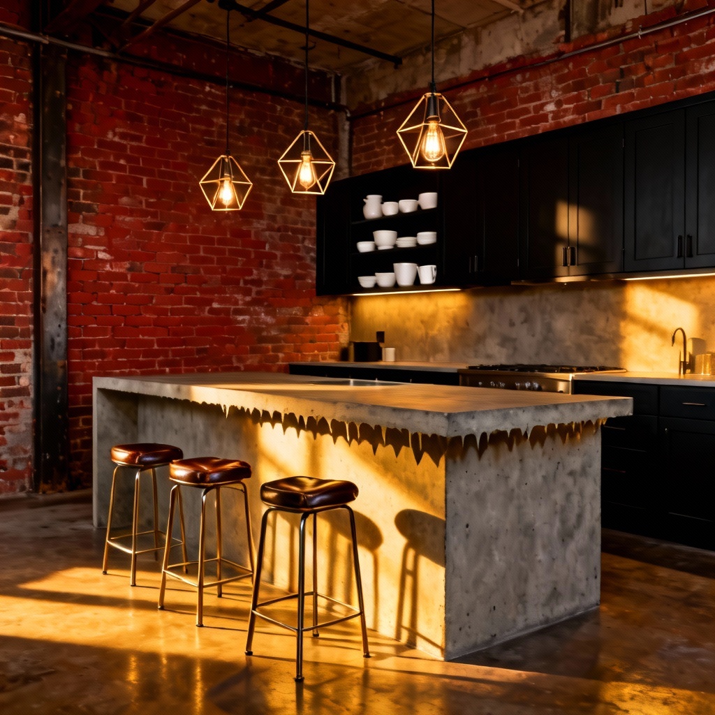 AI industrial kitchen with brick wall and black cabinetry