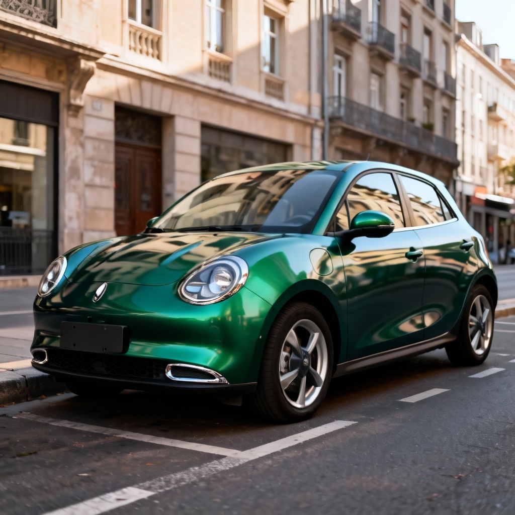 Satin emerald green hatchback color change on a city street