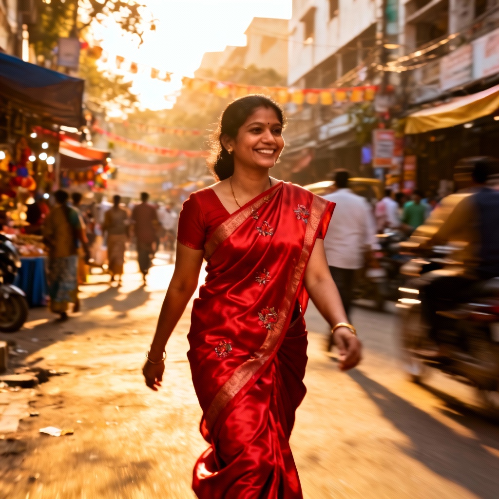 AI red silk saree street photography