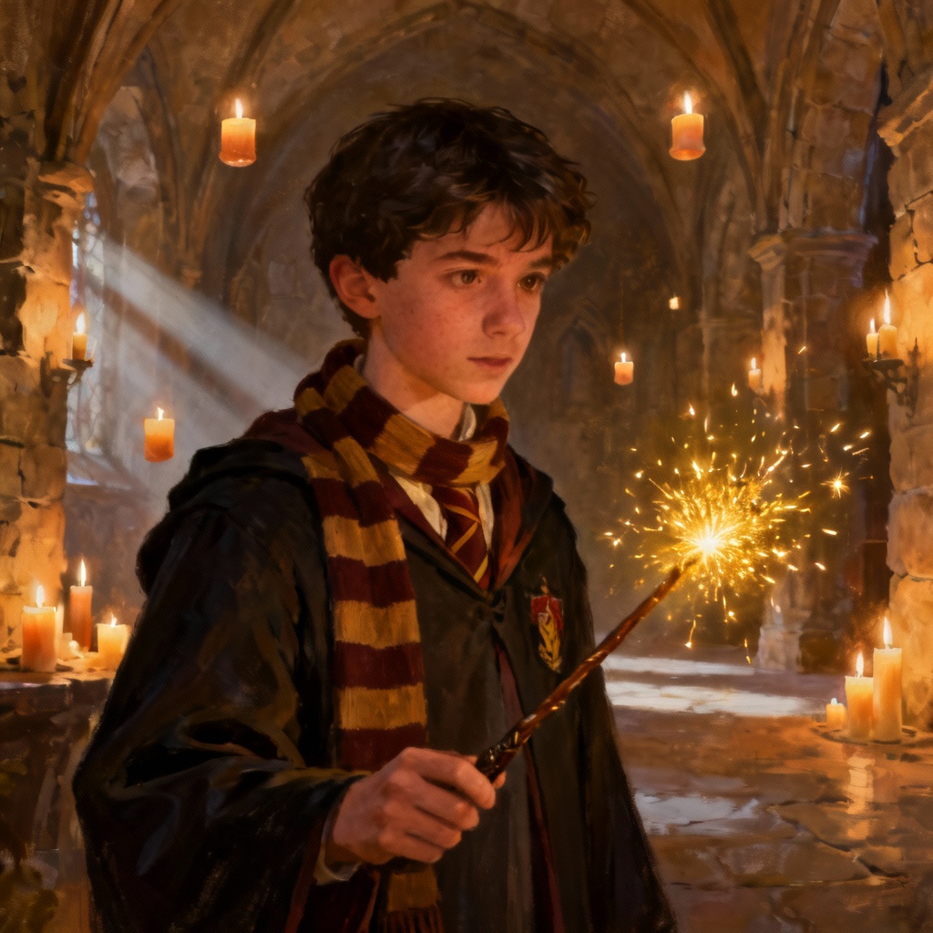 AI Harry Potter style portrait with candles and wand glow