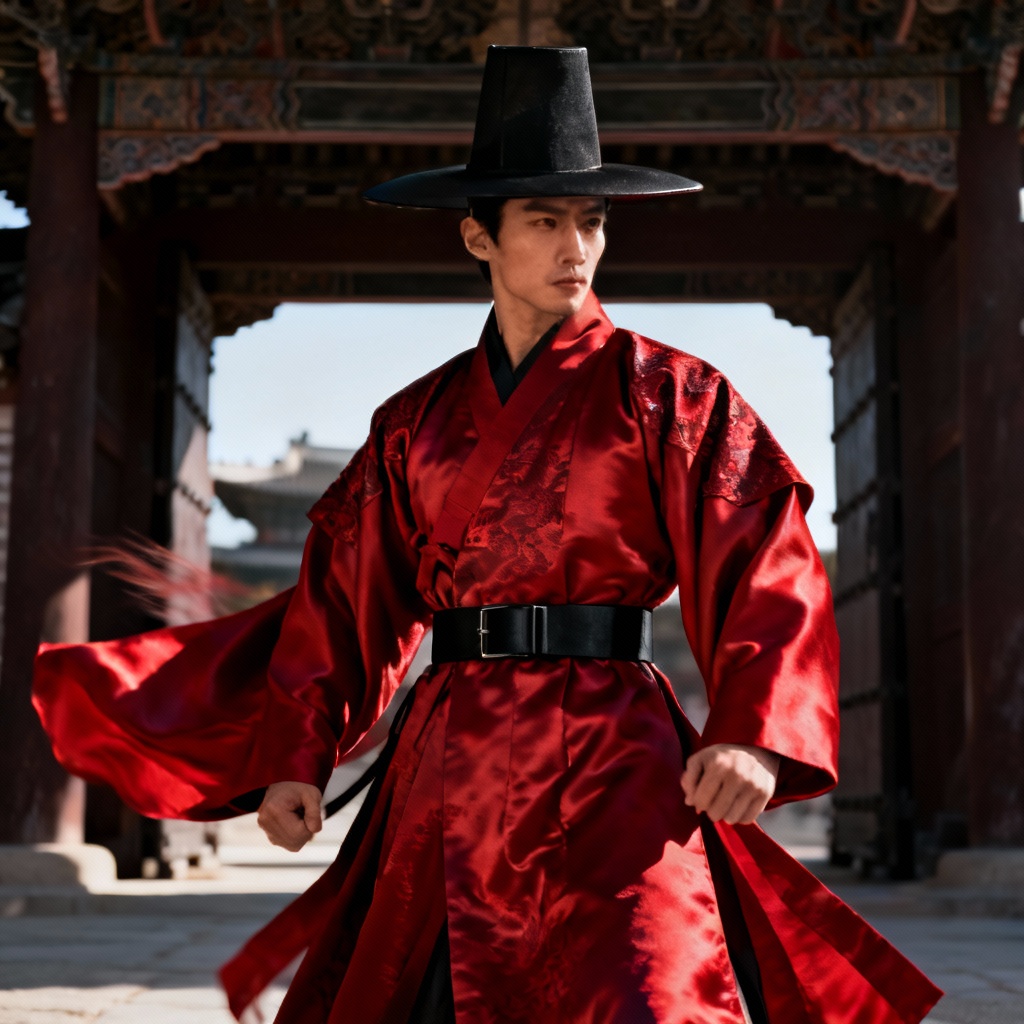 AI palace guard wearing a crimson durumagi and gat hat