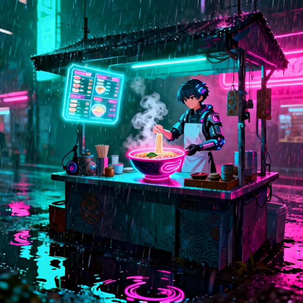 Cyberpunk anime cook serving neon ramen in rain