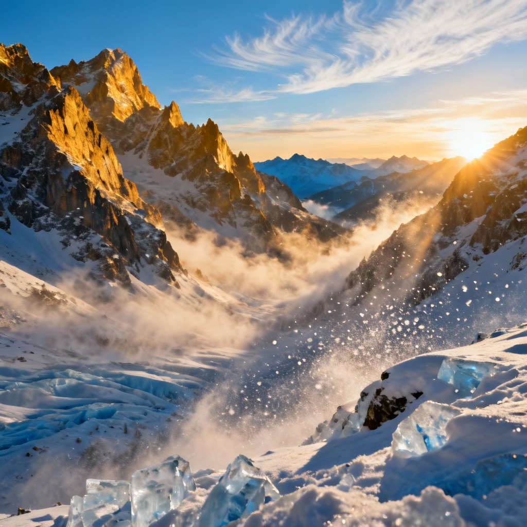 AI snowy mountain sunrise with dynamic snowfall