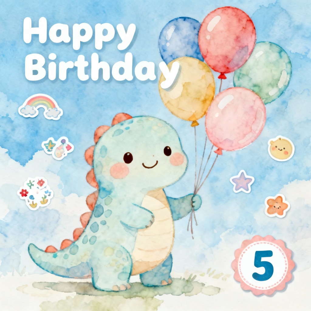 Cute dinosaur AI birthday card for kids with balloons