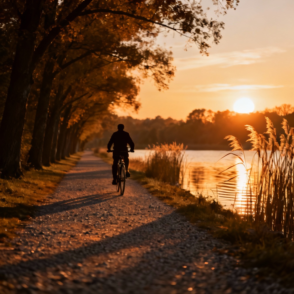 AI golden hour riverside path in a tranquil park