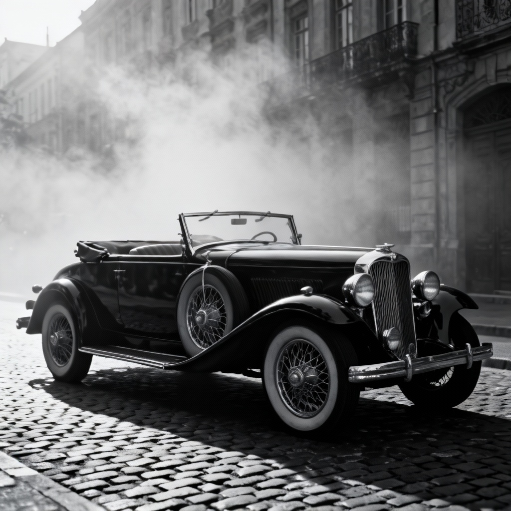 AI black and white image of a 1930s classic roadster