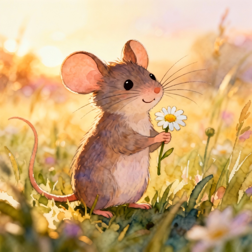 AI storybook mouse holding a daisy under warm sunlight