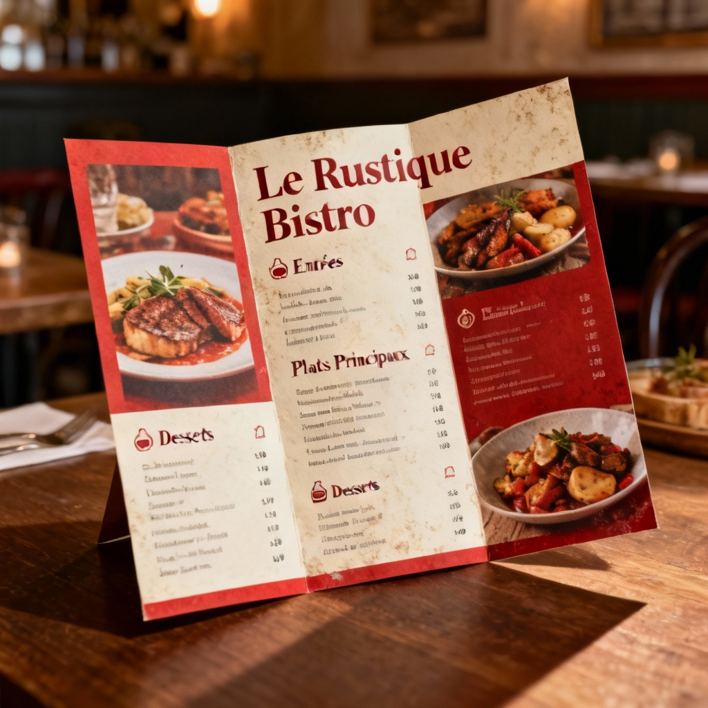 AI restaurant brochure menu with rustic textures and food photos