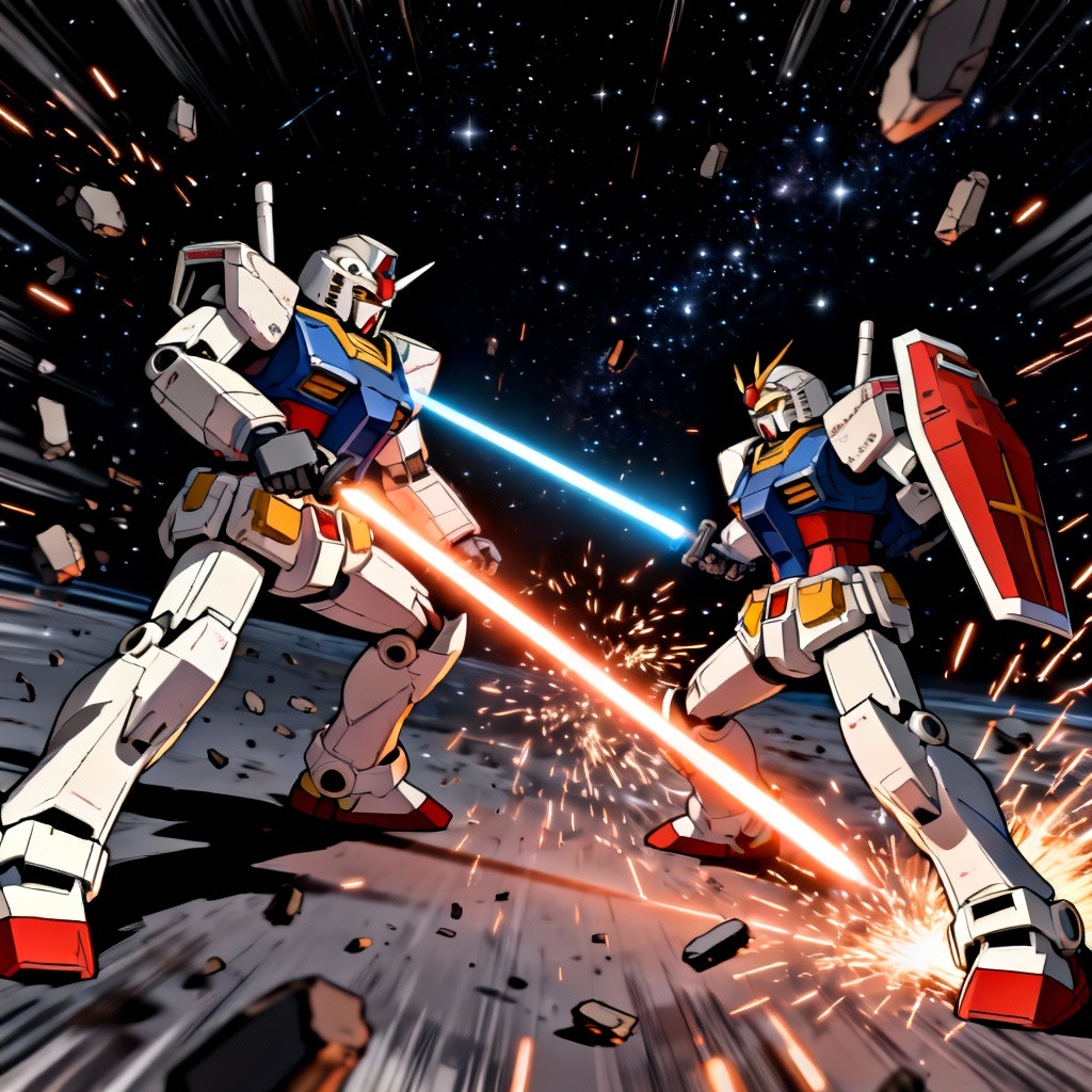 AI Gundam-style space duel with beam sabers