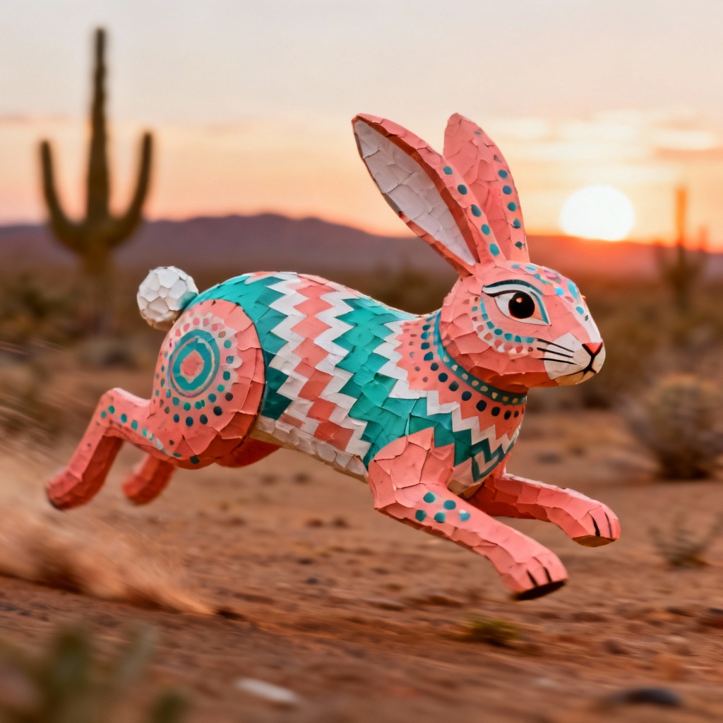 Jackrabbit alebrije in coral and teal folk patterns