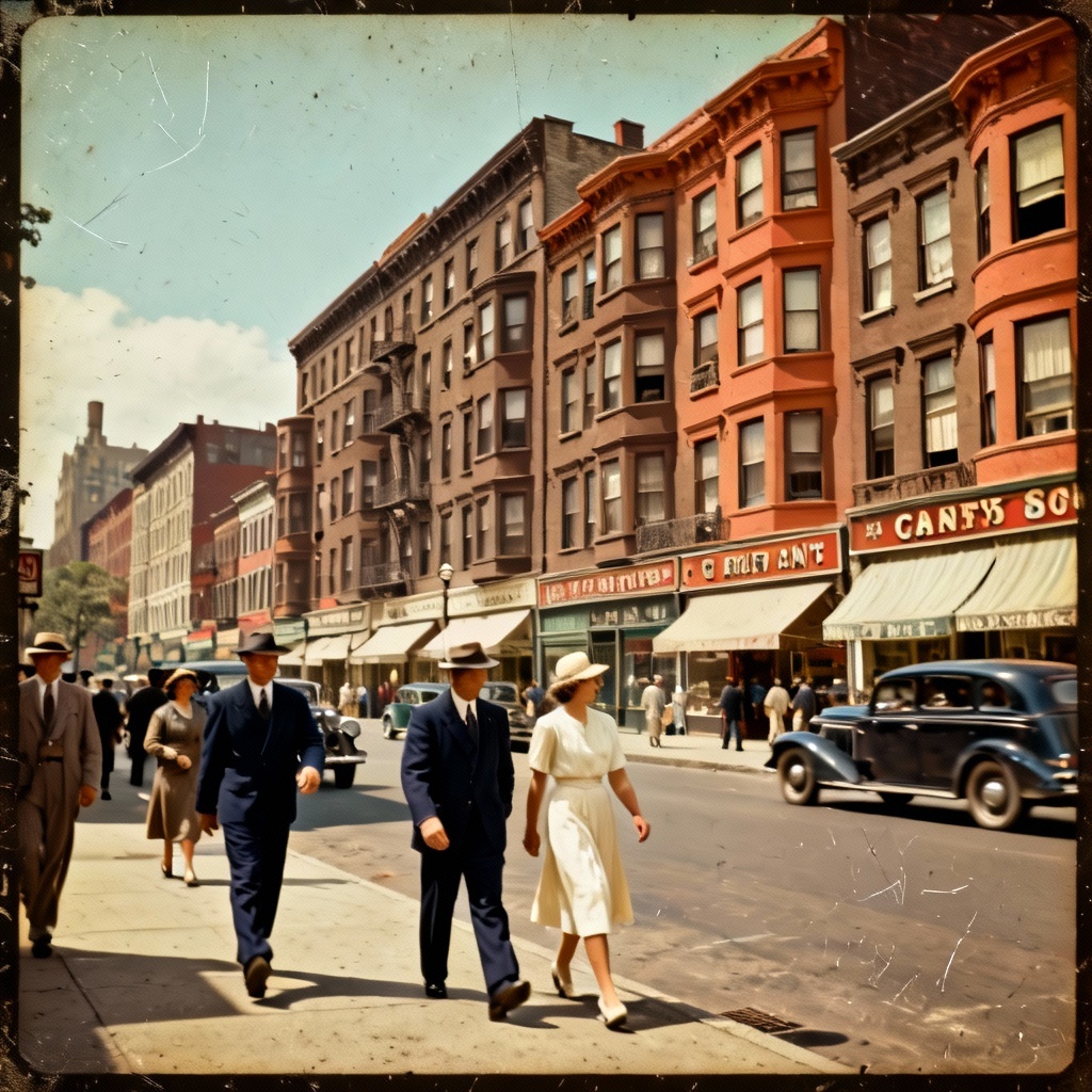 AI restored and colorized 1930s street photograph