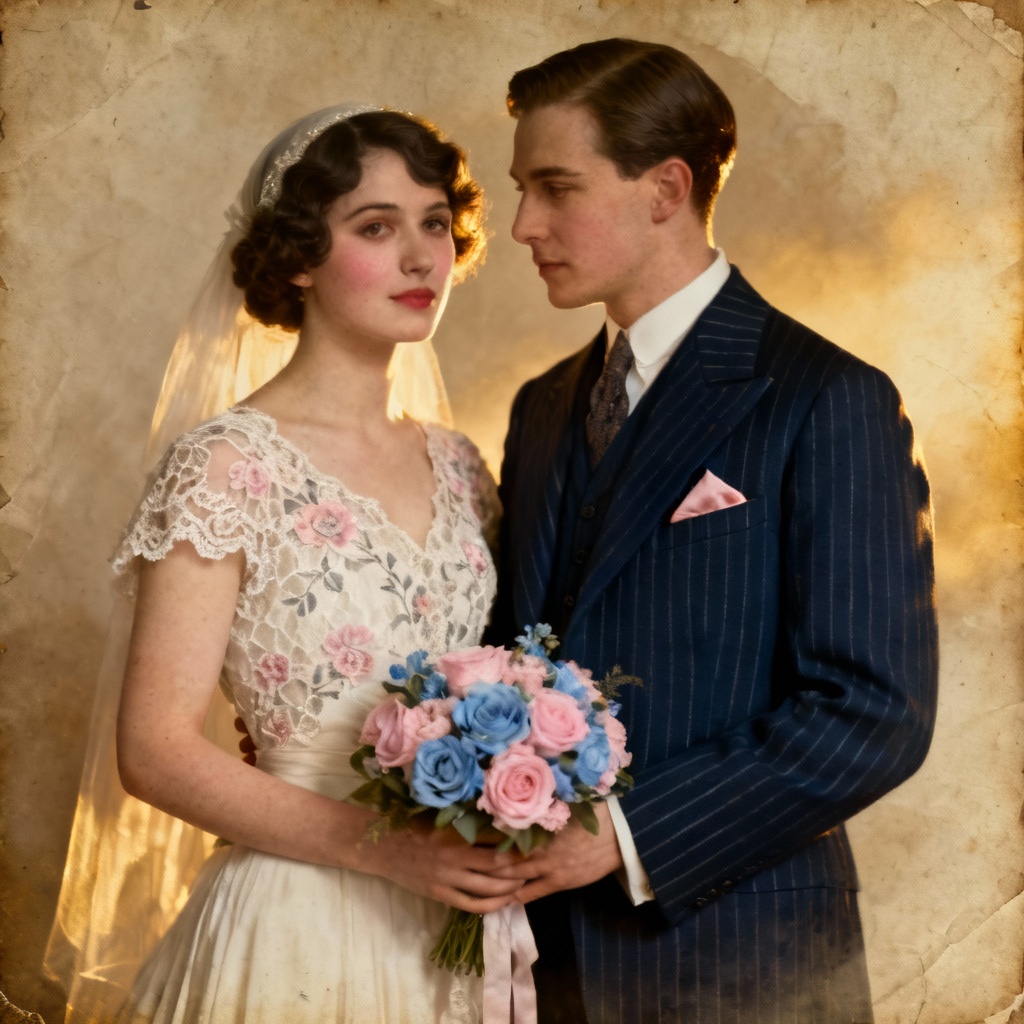 AI colorized 1920s wedding portrait