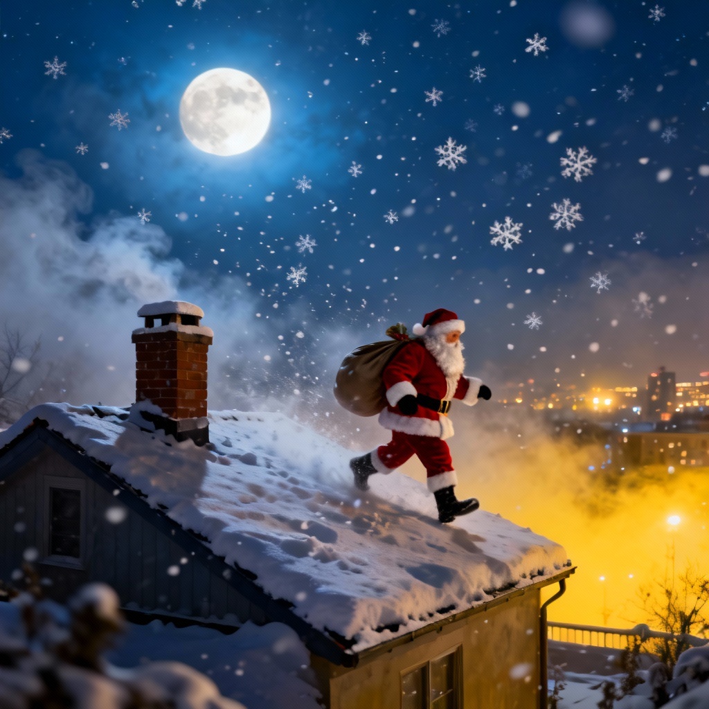 AI Santa delivering gifts on a snowy rooftop at night