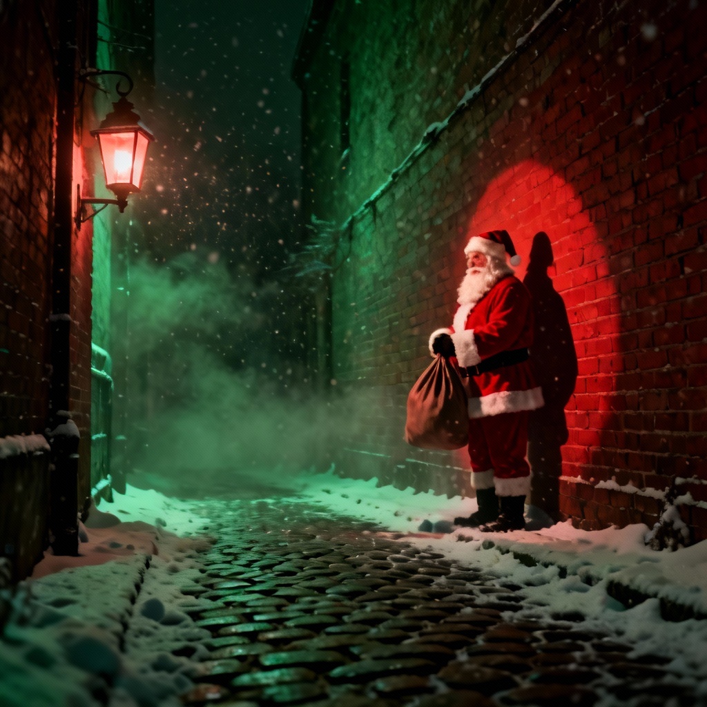 AI noir winter alley with shadowy Santa