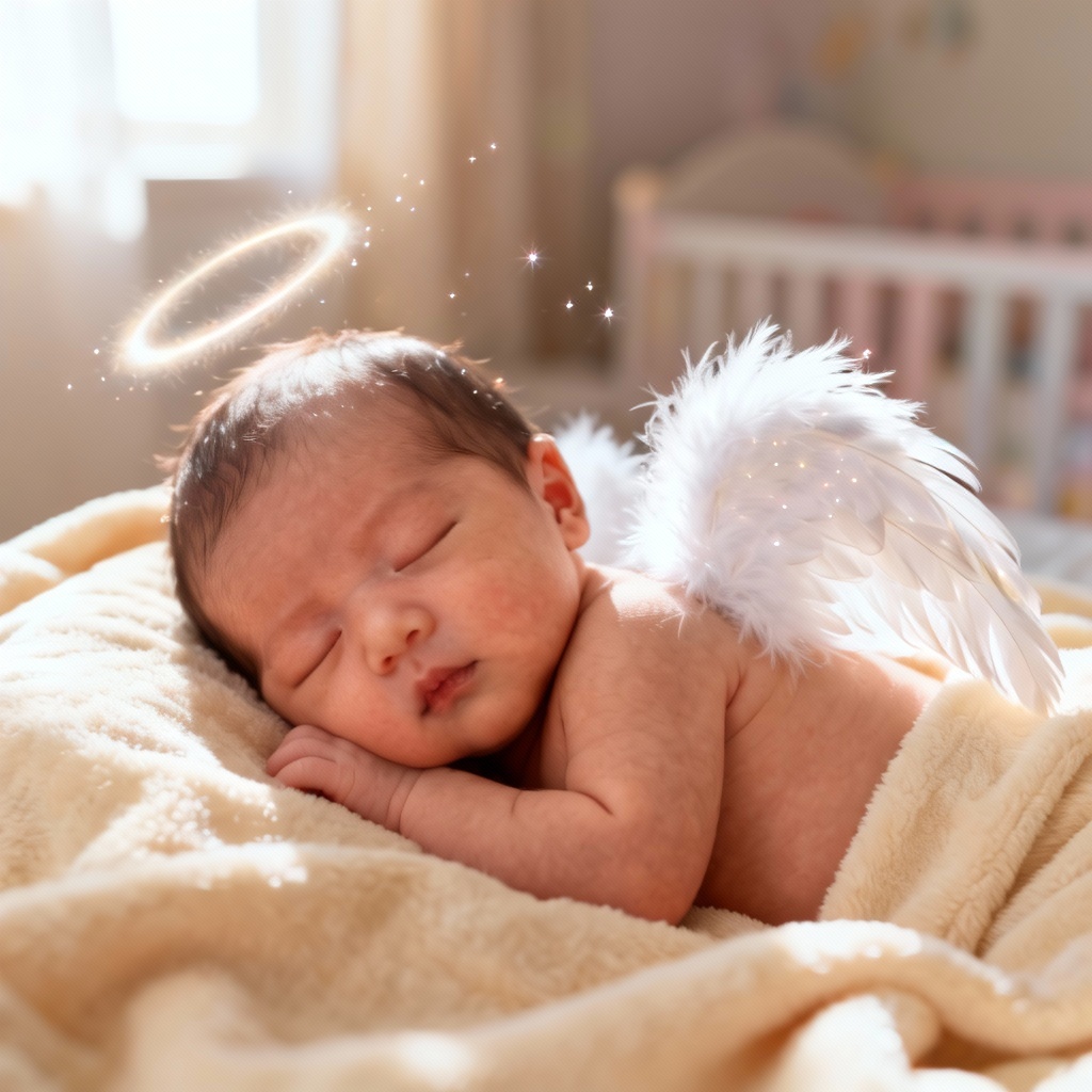 Sleeping baby with tiny fluffy angel wings