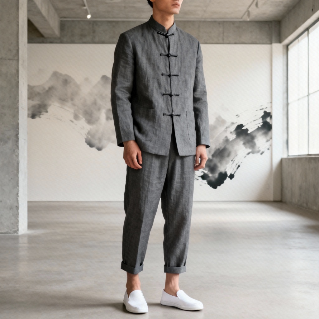 AI mens minimalist Tang suit with Mandarin collar