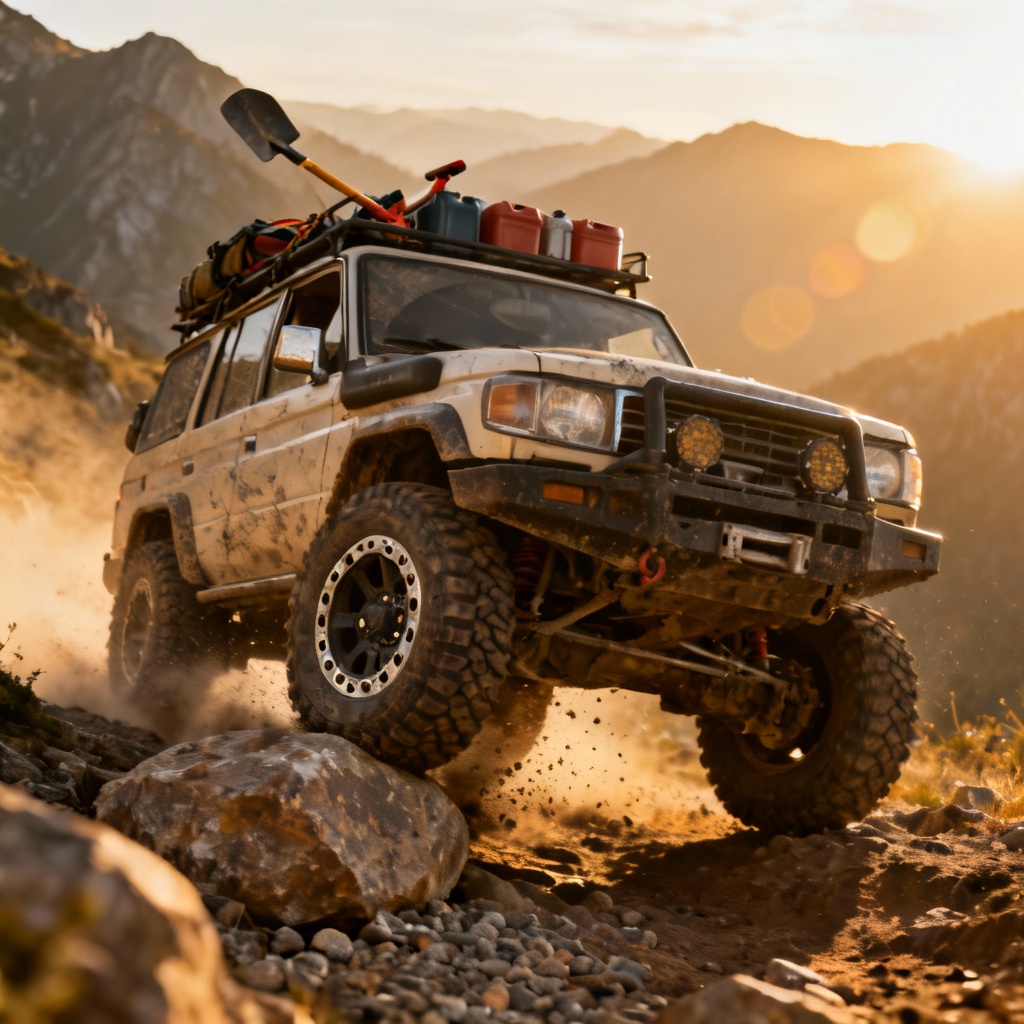 AI rugged off-road SUV climbing rocks in mountains
