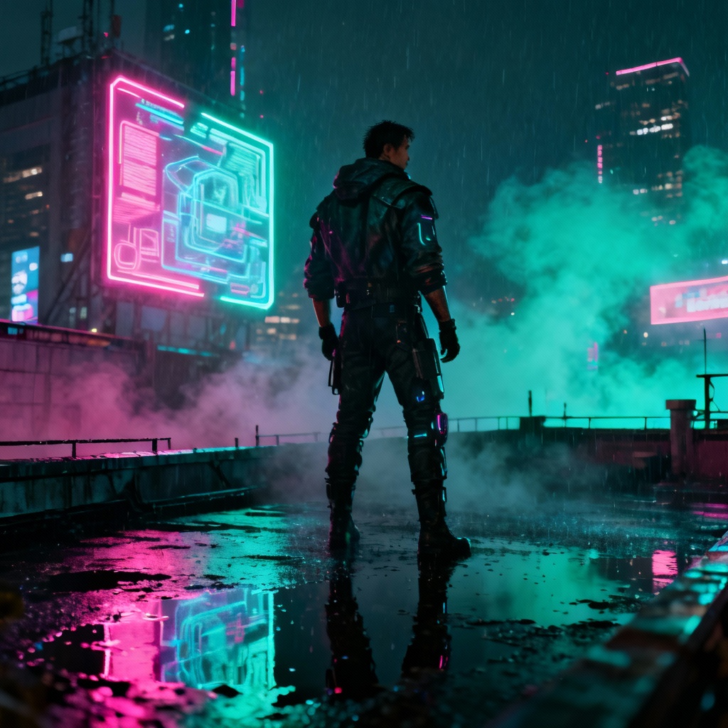 AI cyberpunk hero on neon skyline at night