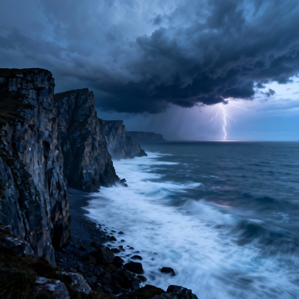 AI stormy coastal cliff with long exposure waves