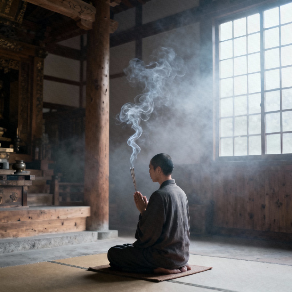 AI temple meditation and prayer scene