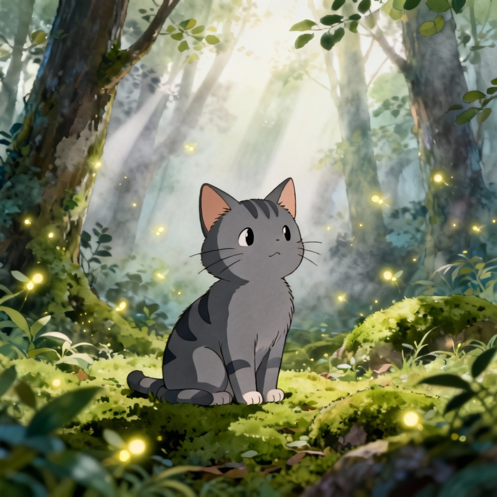 AI Ghibli forest kitten with fireflies